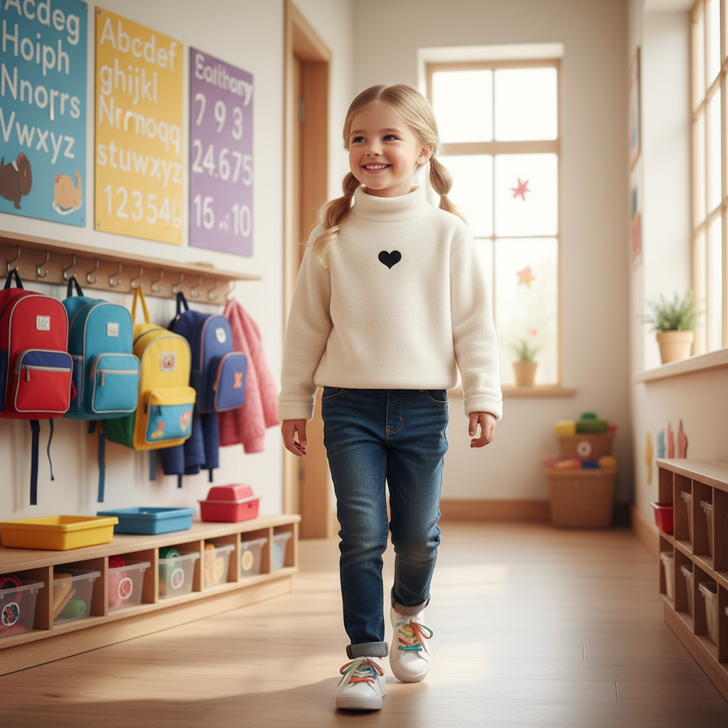 Girl by colorful backpack storage