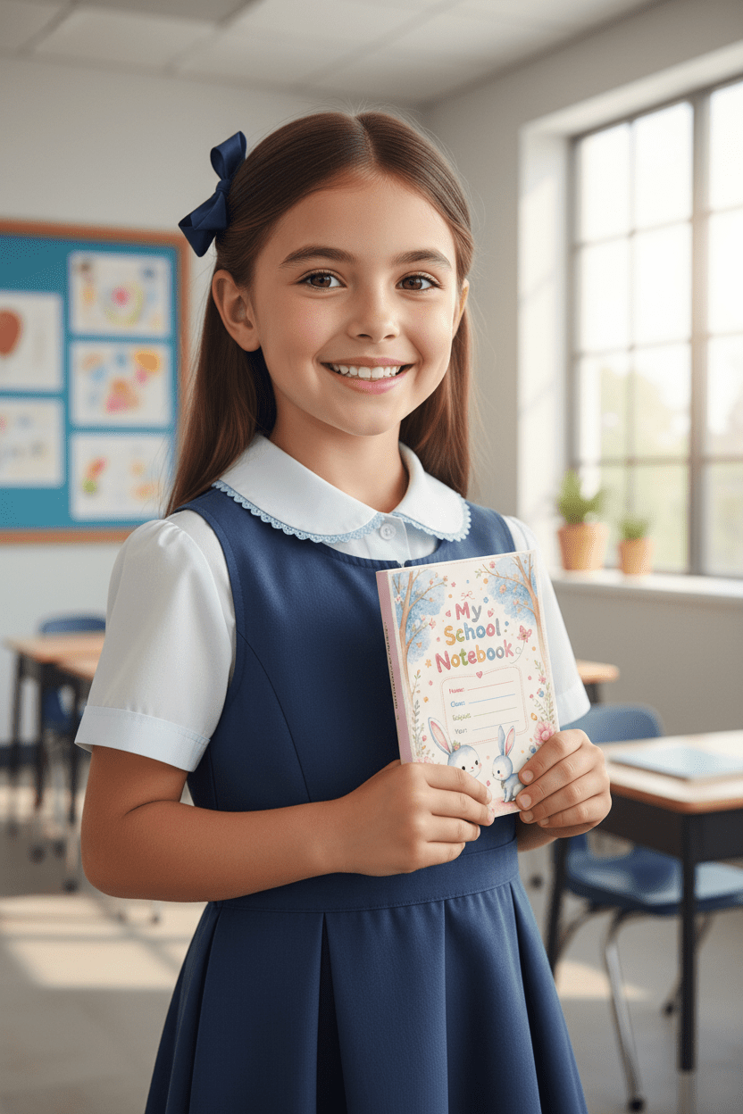 Girl holding small notebook front cover