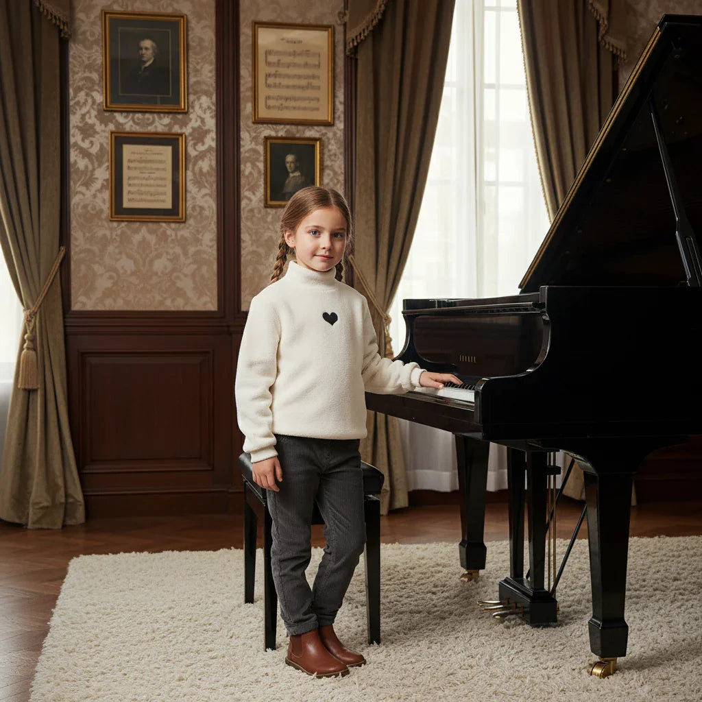 Girl in cream fleece sweater by piano