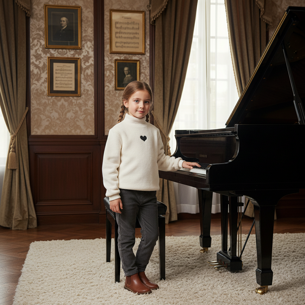 Girl in cream fleece sweater by piano