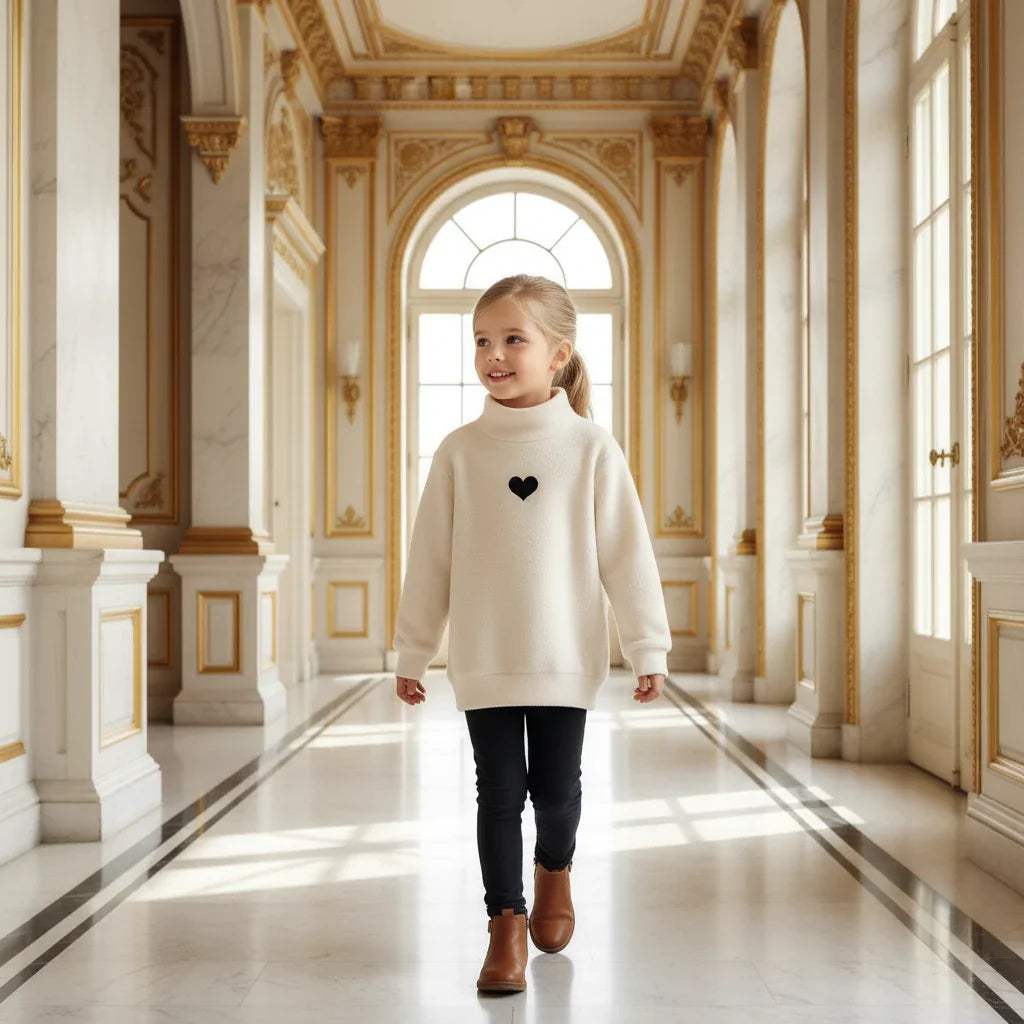 Girl in cream fleece sweater in hallway