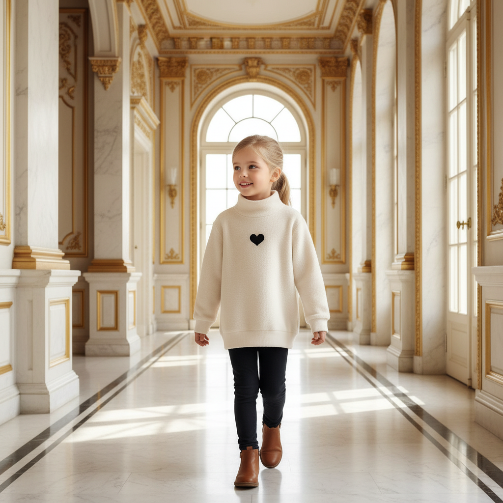Girl in cream fleece sweater in hallway