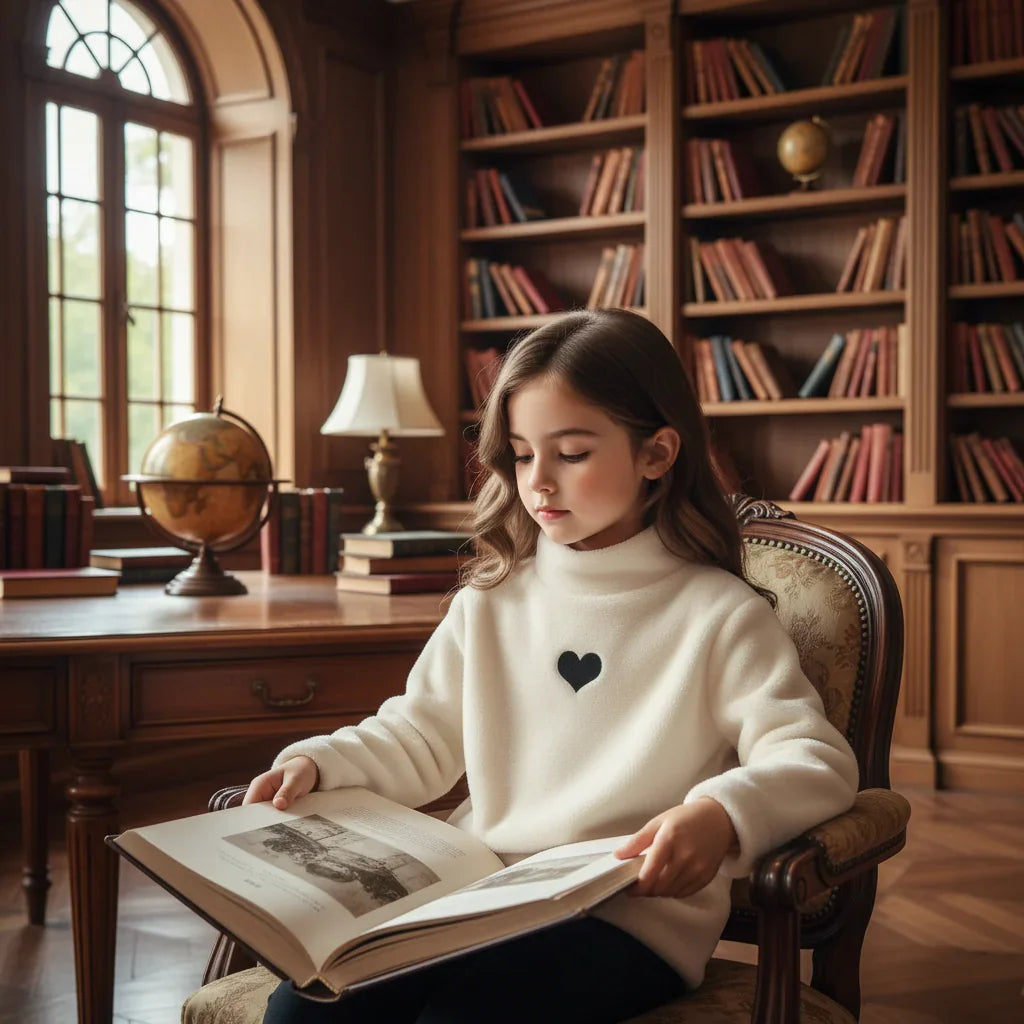 Girl in cream fleece sweater in library