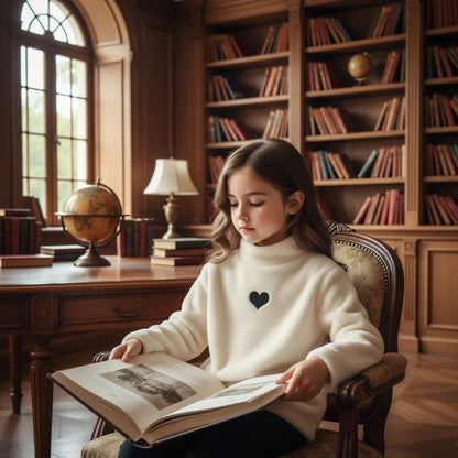 Girl in cream fleece sweater in library
