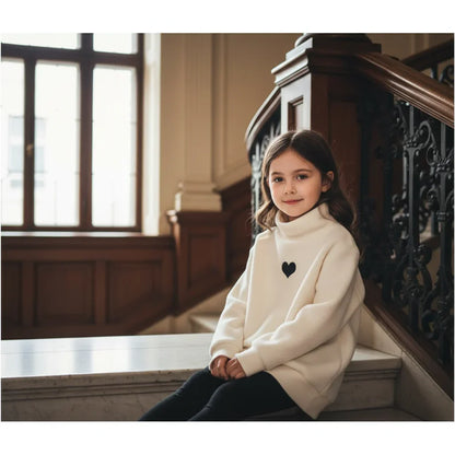 Girl in cream fleece sweater near staircase