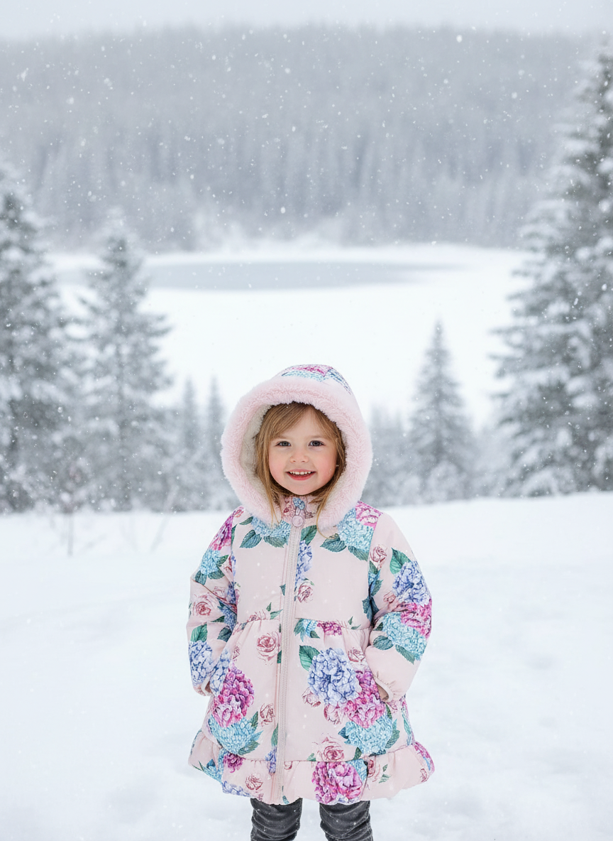 Girl in floral coat - outdoor winter setting