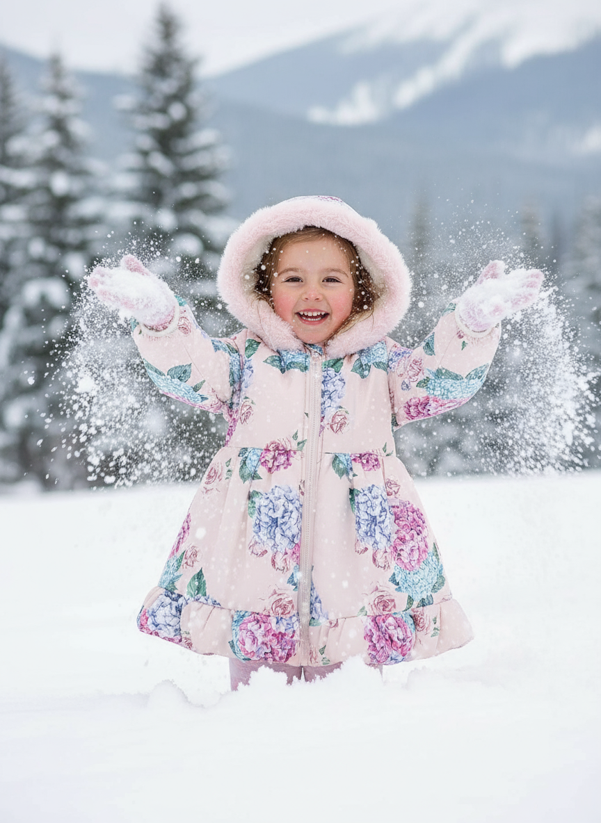 Girl in floral coat - playing in snow