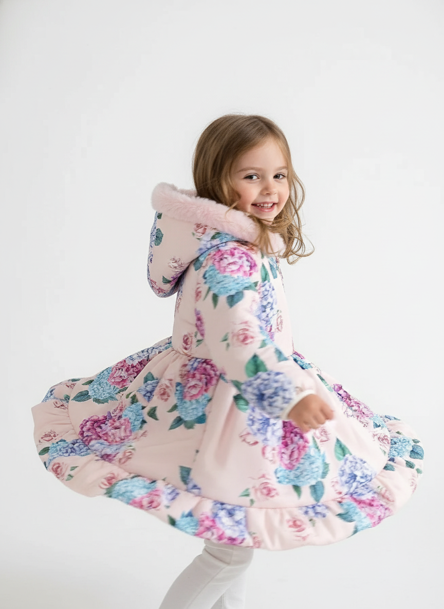 Girl in floral coat - twirling