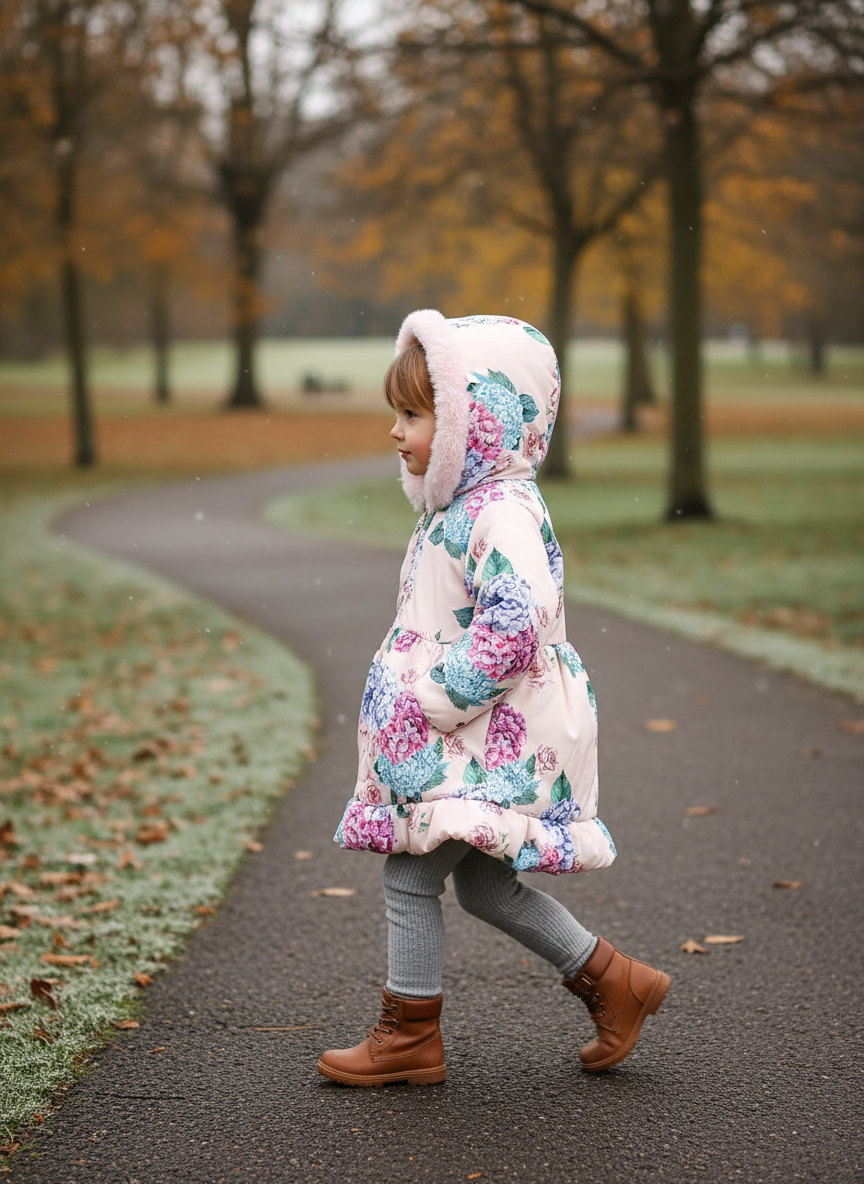 Girl in floral coat - walking in park