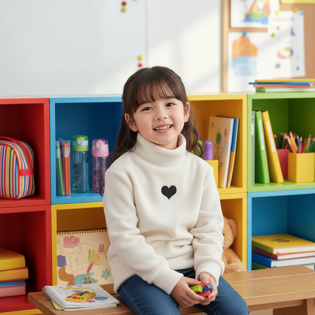 Girl near cubbies with lunch boxes