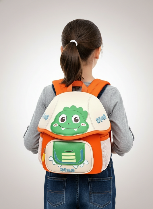 Girl with dinosaur backpack - back view studio shot