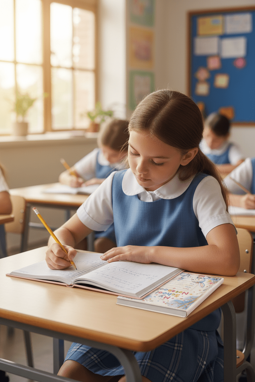 Girl writing in lined notebook