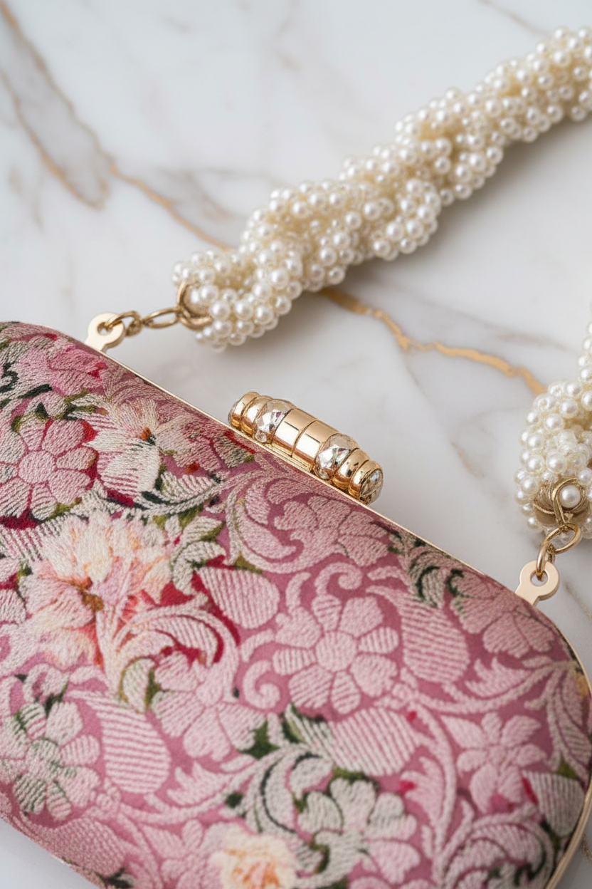 Gold clasp and pearl strap detail