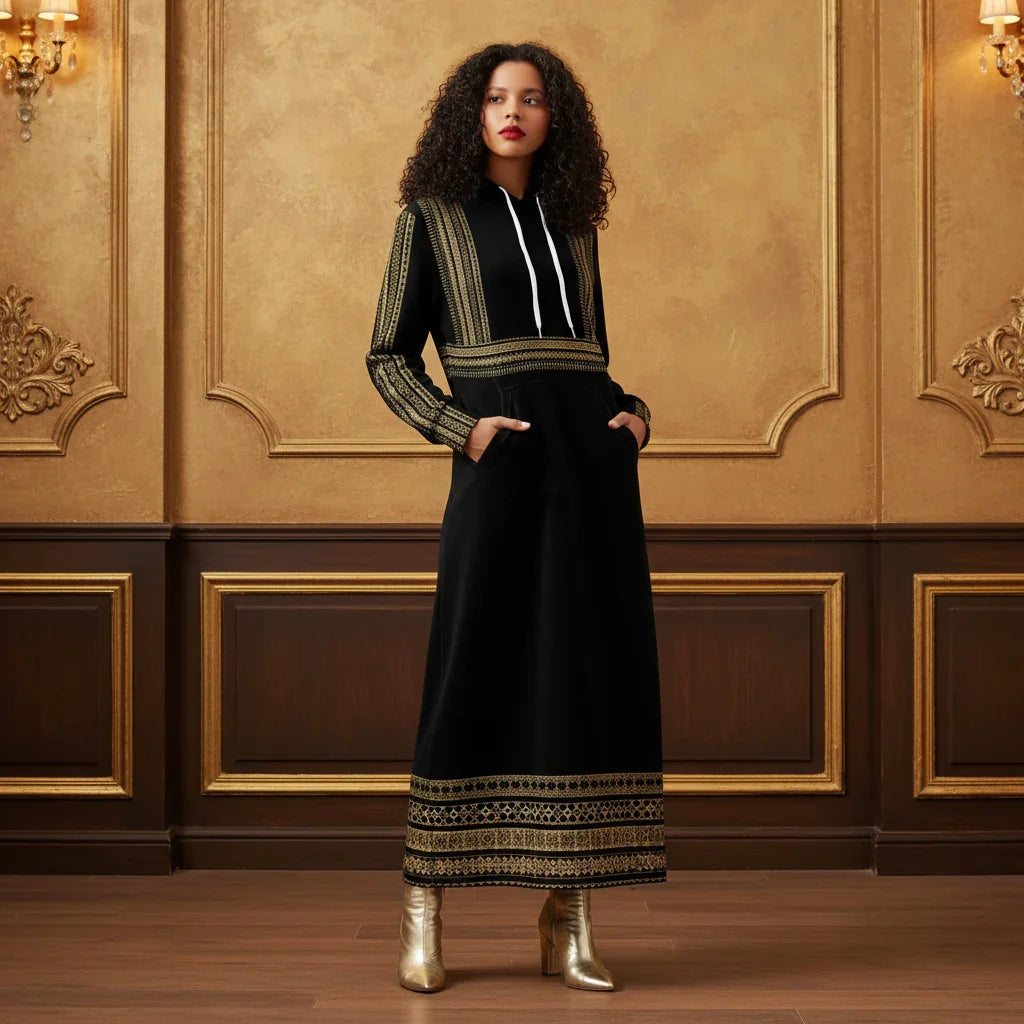 Woman in black and gold long dress with gold boots, standing by ornate textured wall at Ivorynn