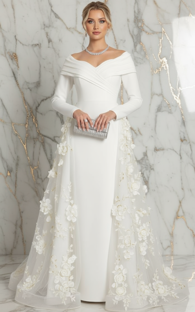 Graceful pose touching floral details - White gown