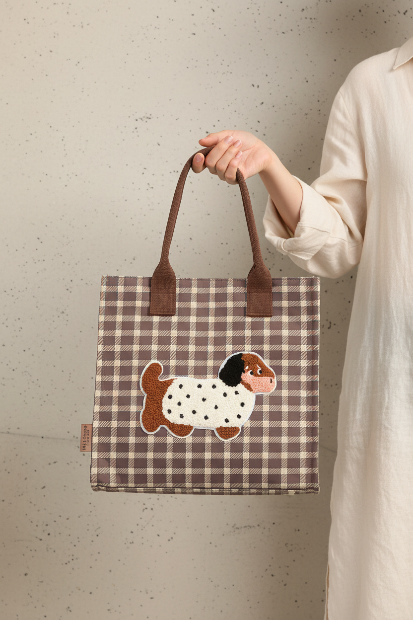 Gray Plaid Dog Bag in Hand