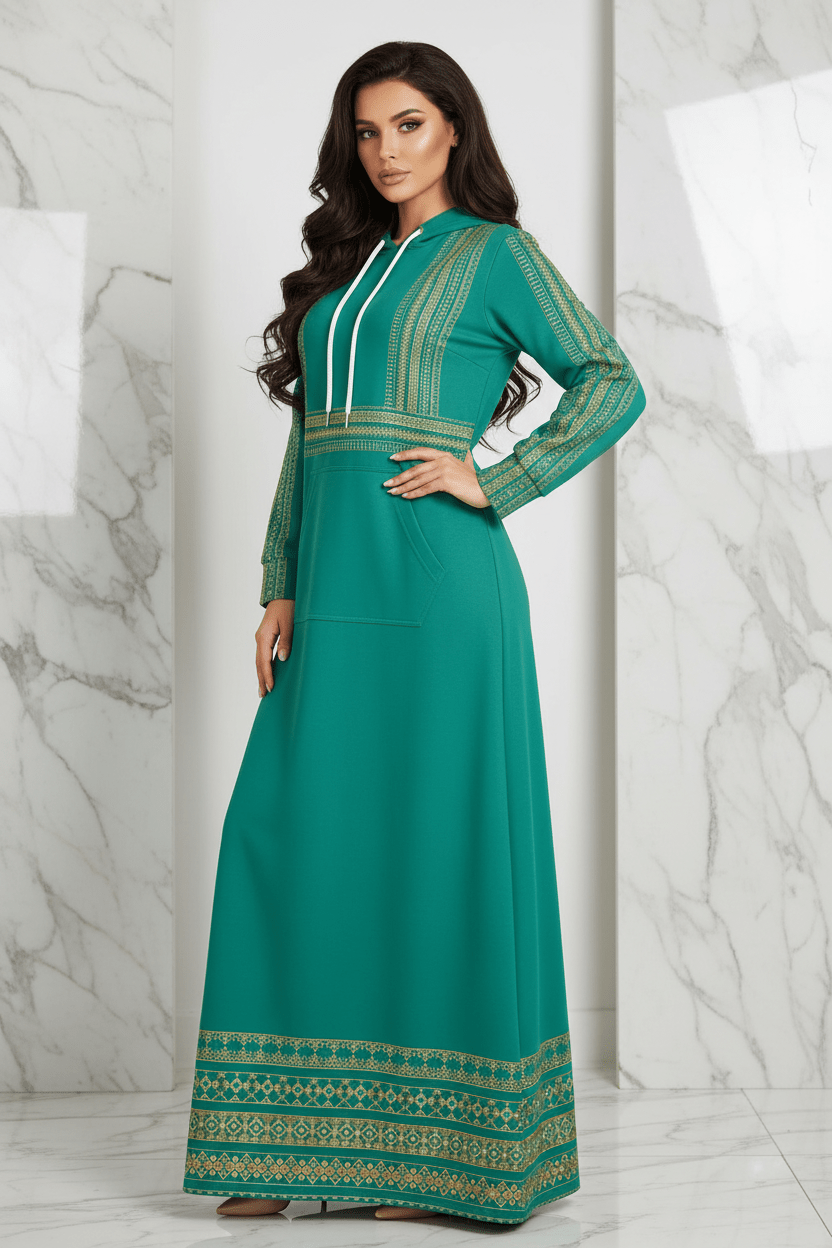 Green Hoodie Dress - Feminine Pose 1