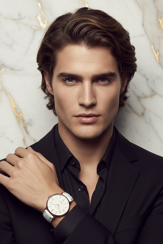 Hand across chest - long brown hair