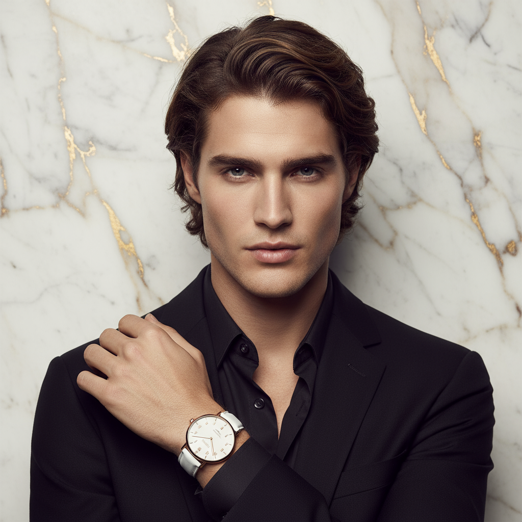 Hand across chest - long brown hair