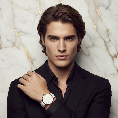 Hand across chest - long brown hair