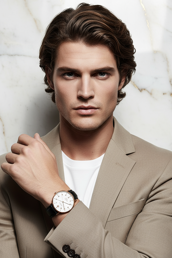 Hand across chest - long brown hair