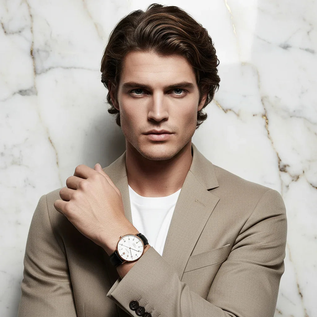 Hand across chest - long brown hair