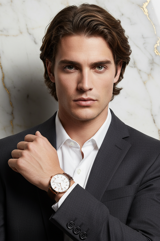 Hand across chest - long brown hair