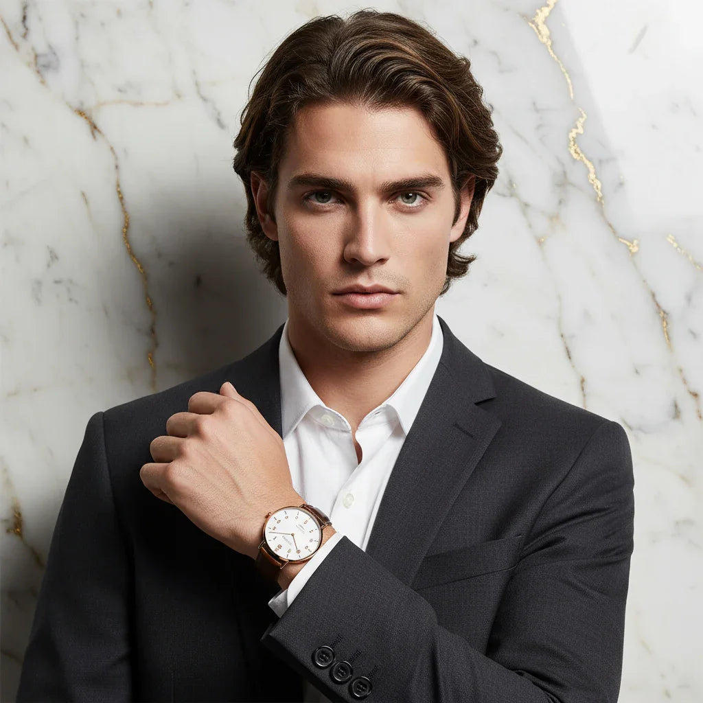 Hand across chest - long brown hair