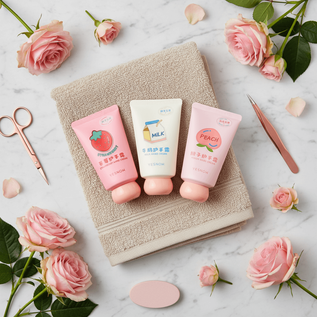 Three tubes of Fruit Fragrance Milky Hand Cream in strawberry, milk, and peach scents on a soft towel with roses.