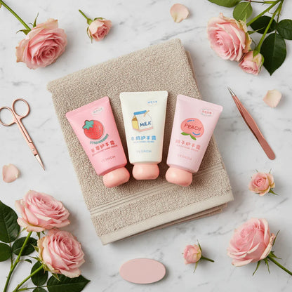 Three tubes of Fruit Fragrance Milky Hand Cream in strawberry, milk, and peach scents on a soft towel with roses.