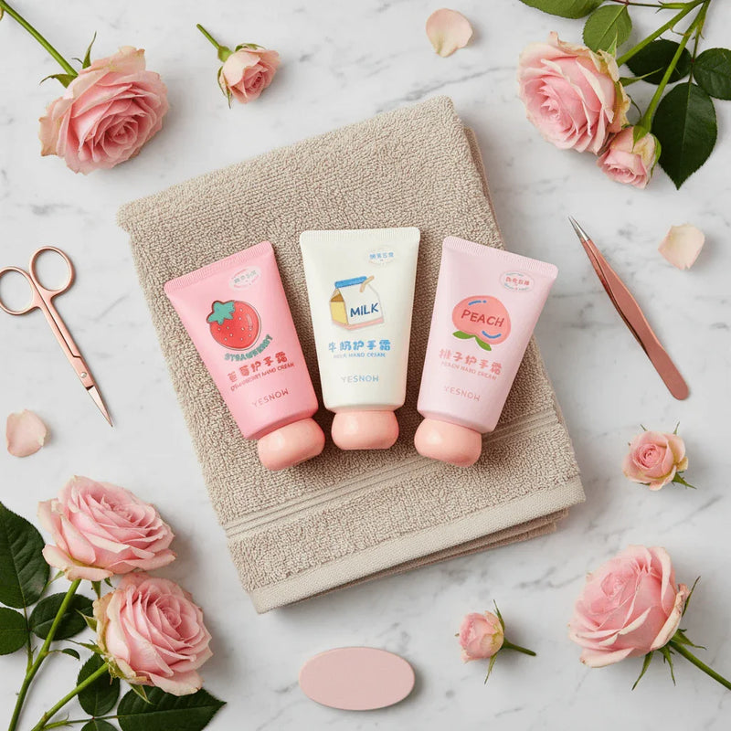 Three tubes of Fruit Fragrance Milky Hand Cream in strawberry, milk, and peach scents on a soft towel with roses.