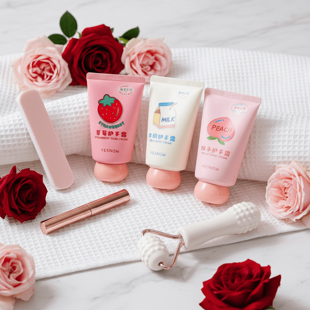 Fruit Fragrance Milky Hand Cream collection with strawberry, milk, and peach scents surrounded by roses.