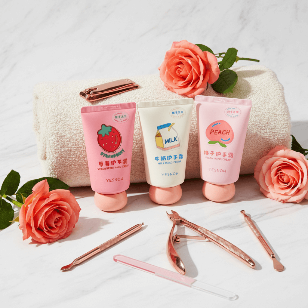 Fruit Fragrance Milky Hand Cream collection of strawberry, milk, and peach scented hand creams by YesNo.