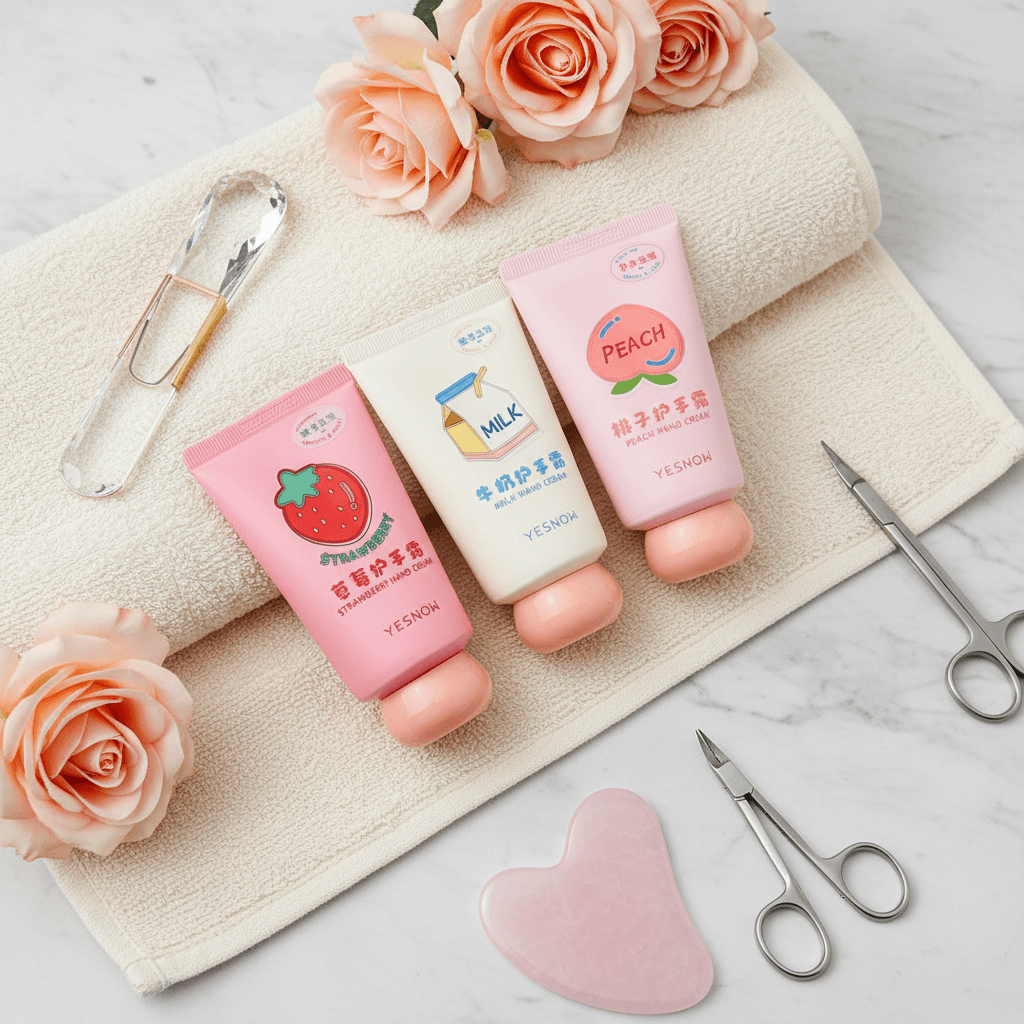 Fruit Fragrance Milky Hand Cream collection displayed with pink roses and grooming tools on a white towel.
