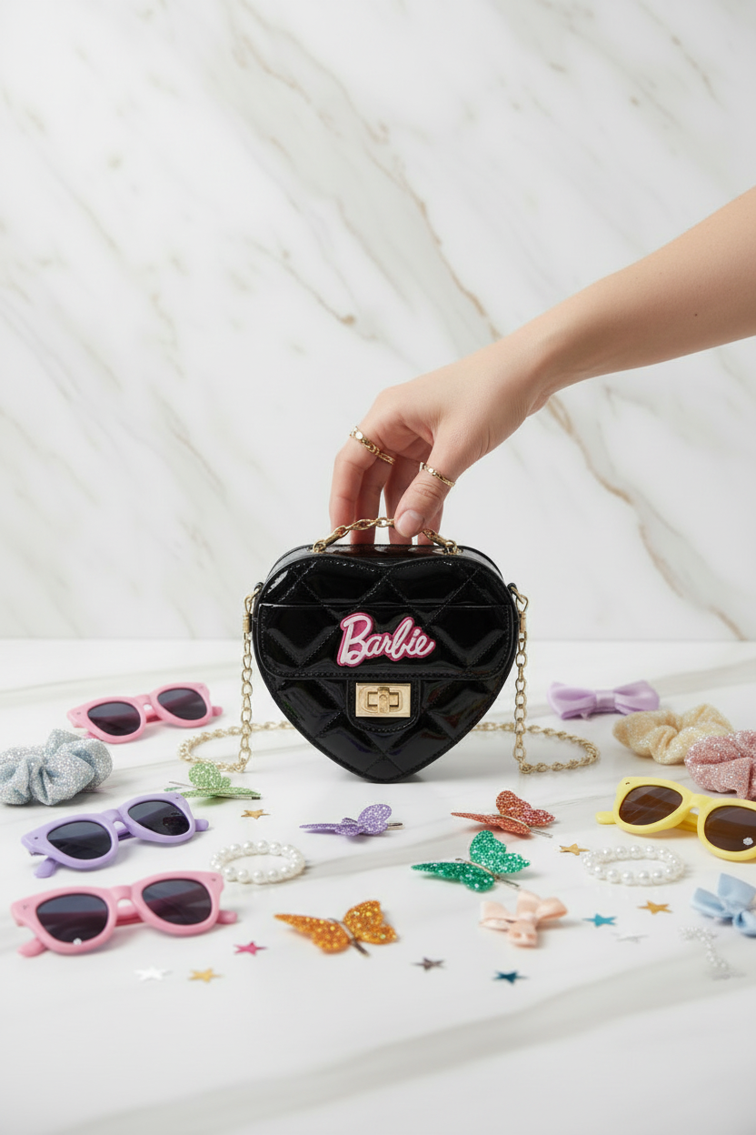 Hand holding black bag front with kids accessories