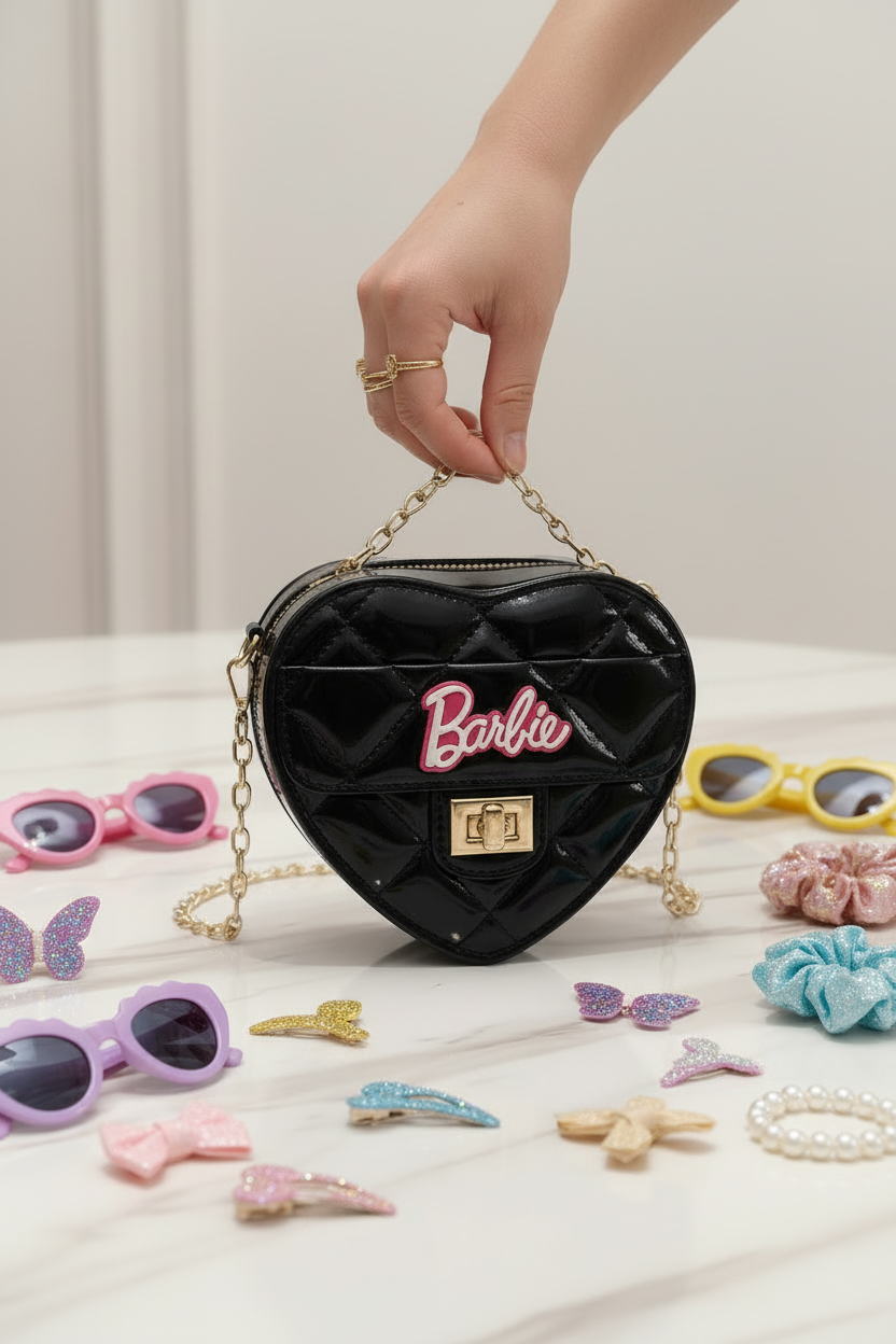 Hand holding black bag side with kids accessories