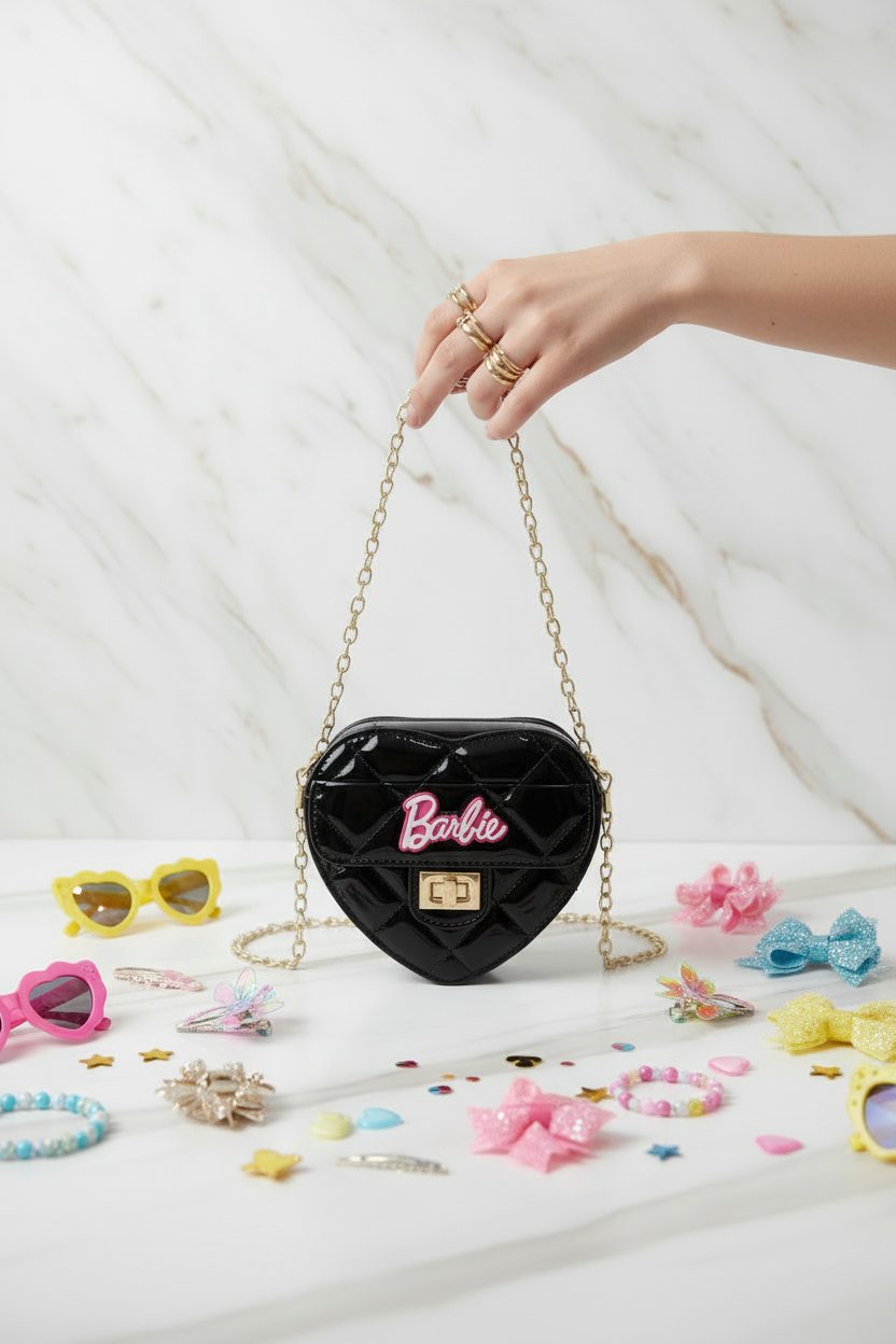 Hand holding chain black bag with kids accessories