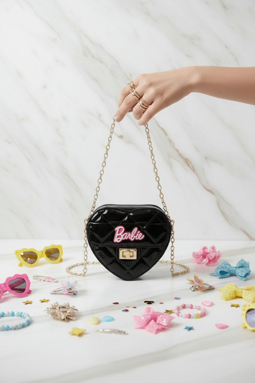 Hand holding chain black bag with kids accessories