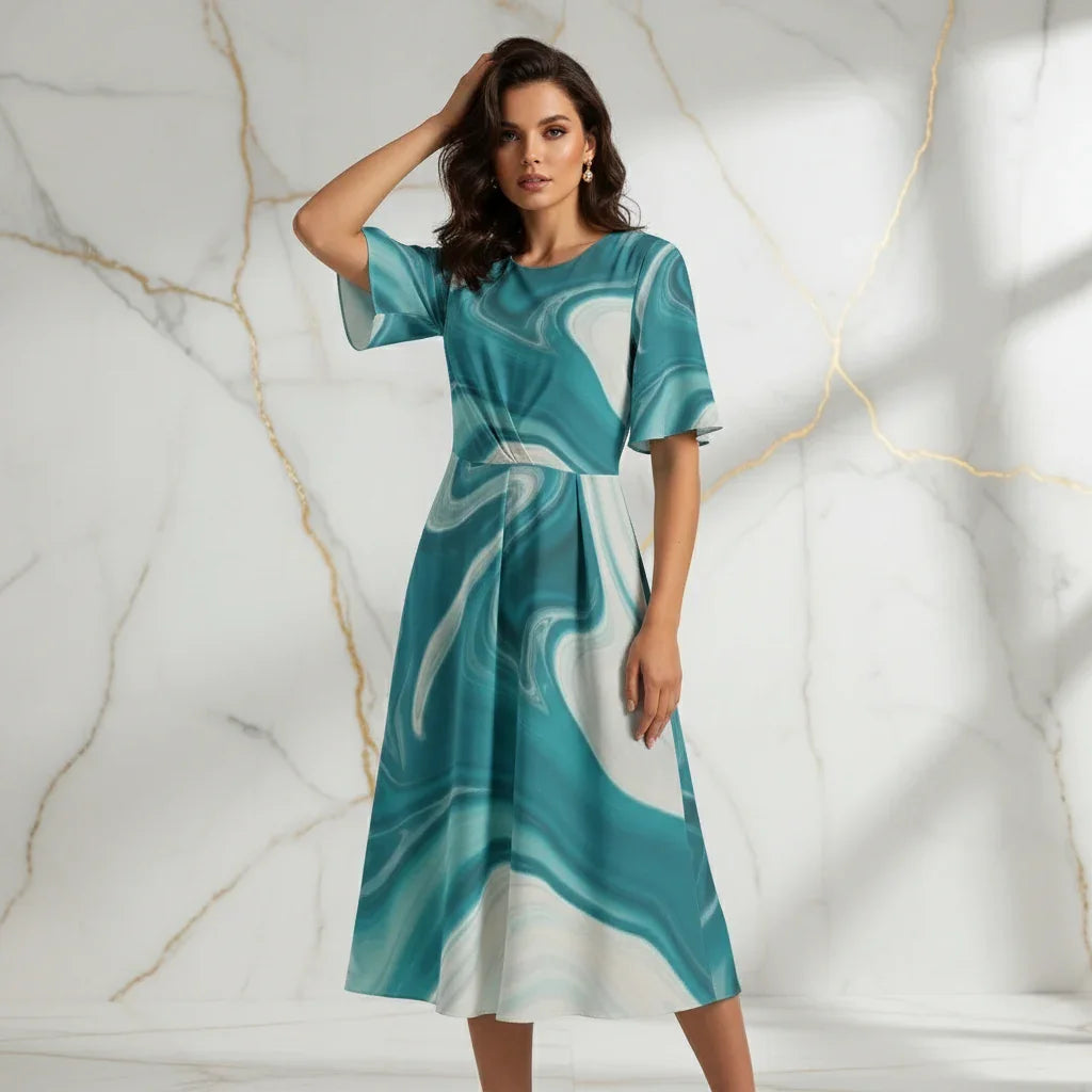 Woman in teal marble print midi dress posing against marble wall, stylish women's fashion at Ivorynn