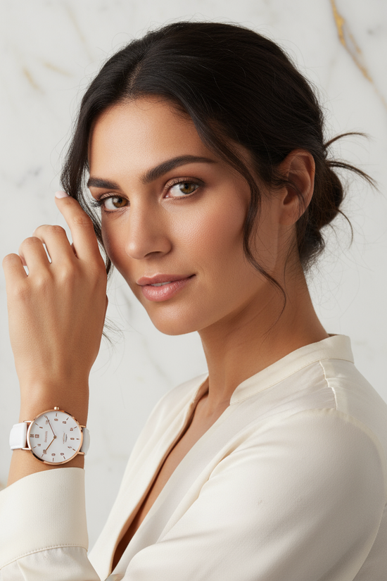 Hand in hair with marble backdrop