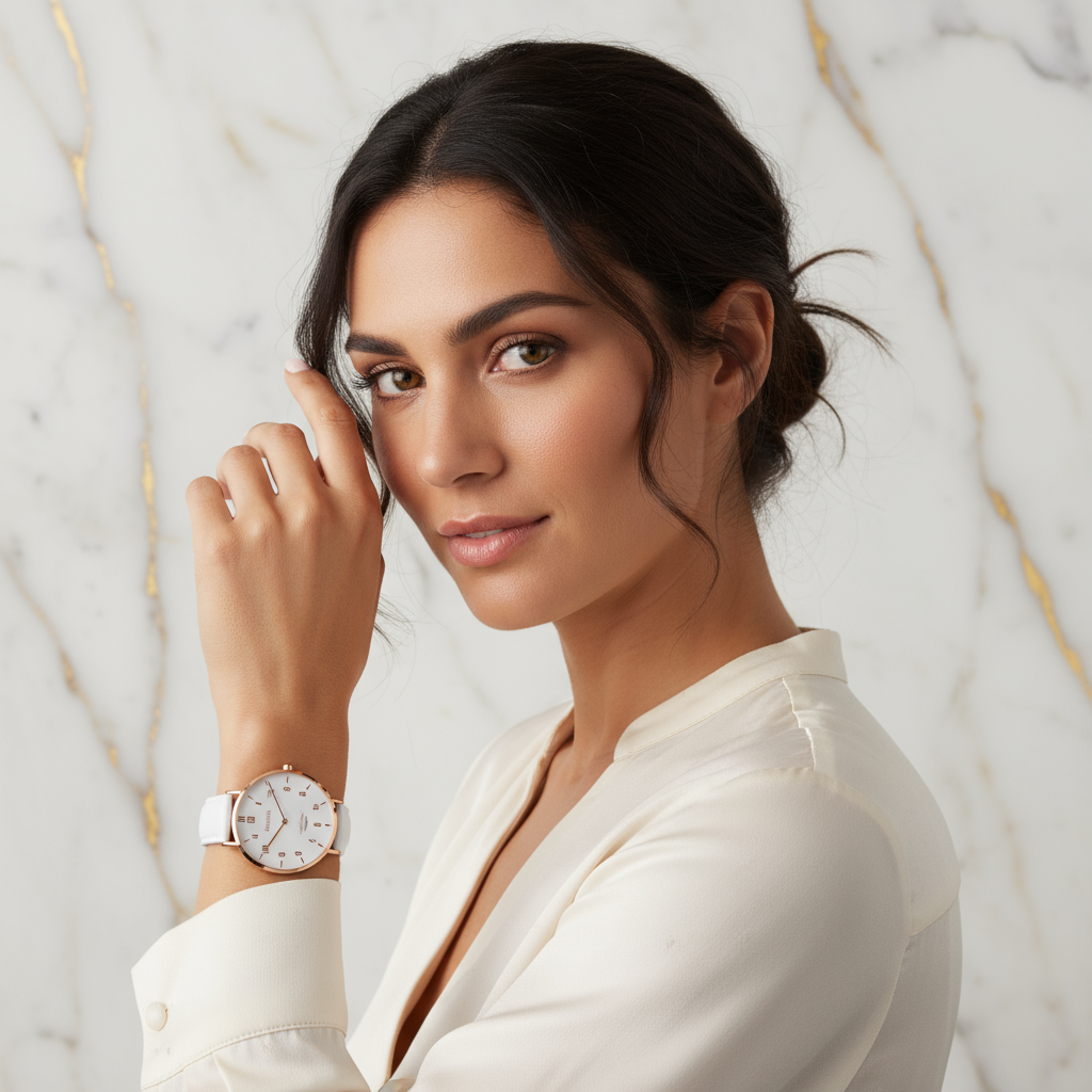 Hand in hair with marble backdrop