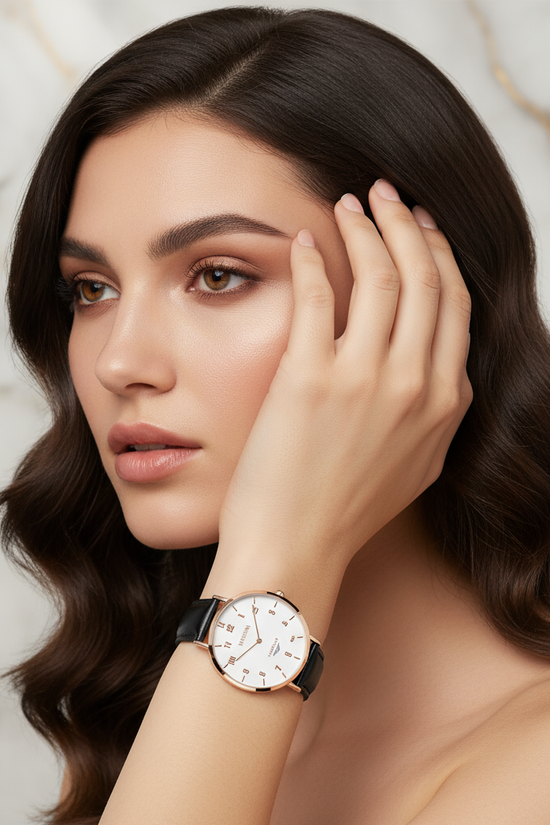 Hand in hair with marble backdrop