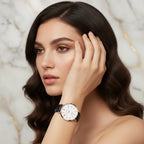 Hand in hair with marble backdrop