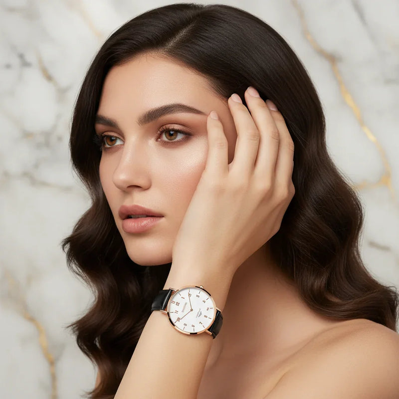 Hand in hair with marble backdrop