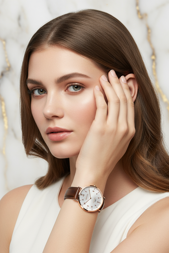 Hand in hair with marble backdrop