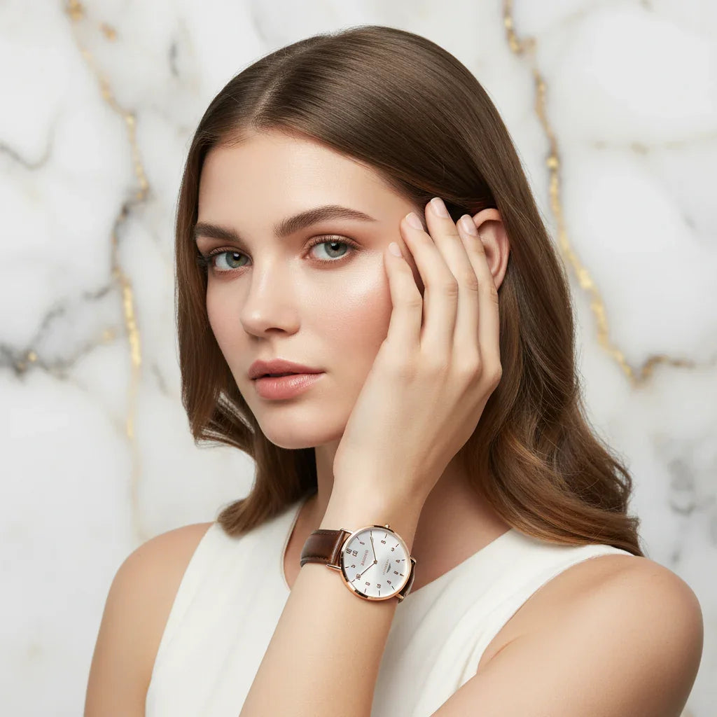 Hand in hair with marble backdrop