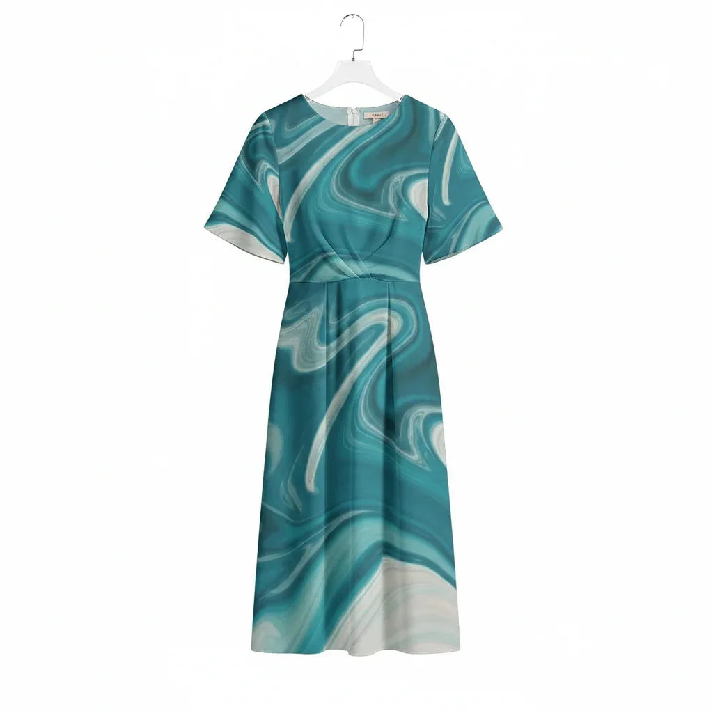 Teal marble print midi dress with short sleeves, stylish women's apparel from Ivorynn