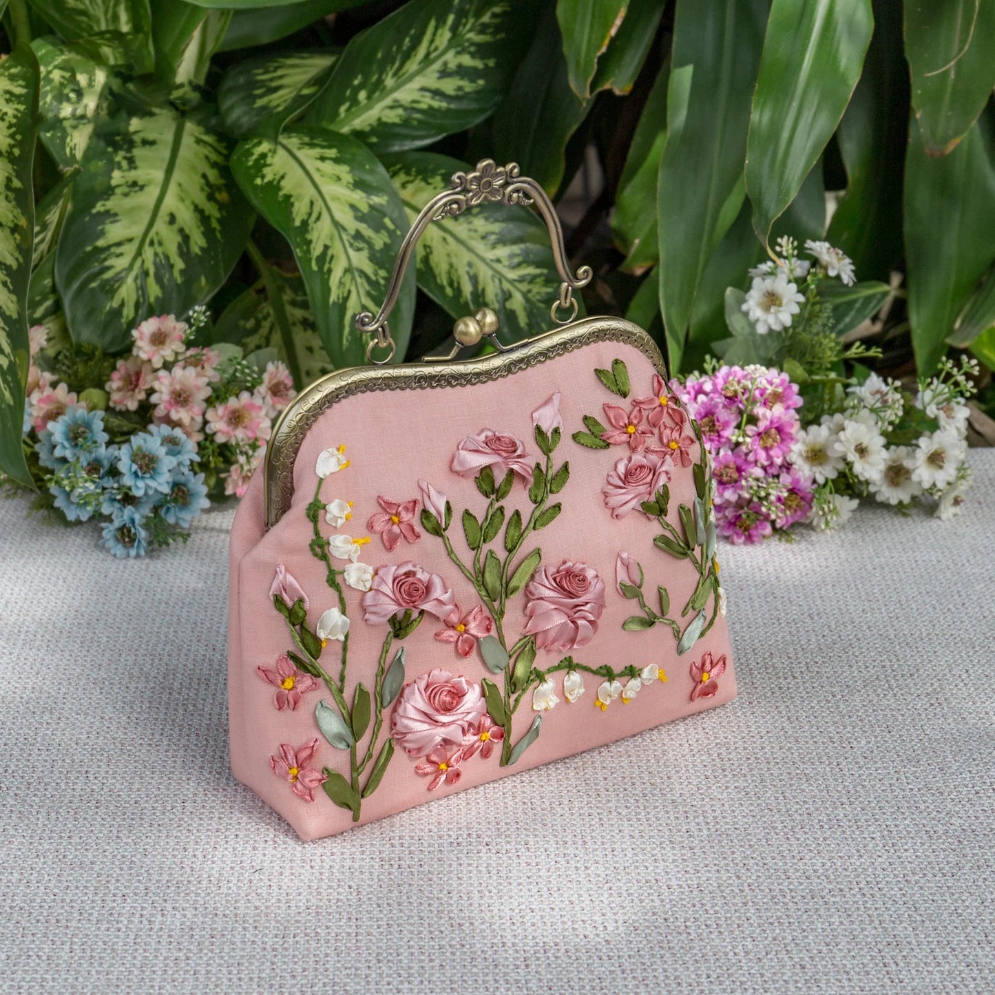Luxury Unique Embroidered Pink Handbag