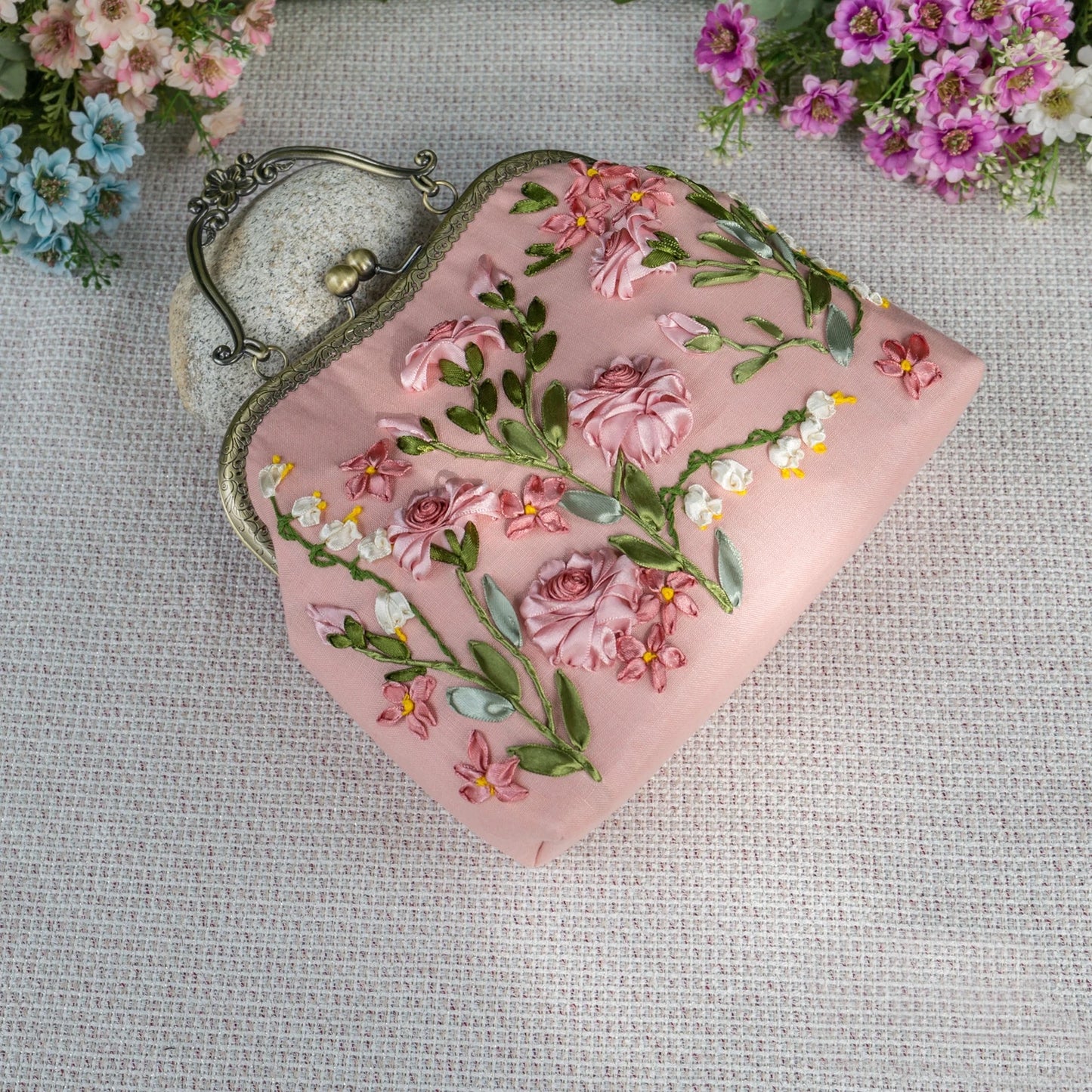 Luxury Unique Embroidered Pink Handbag