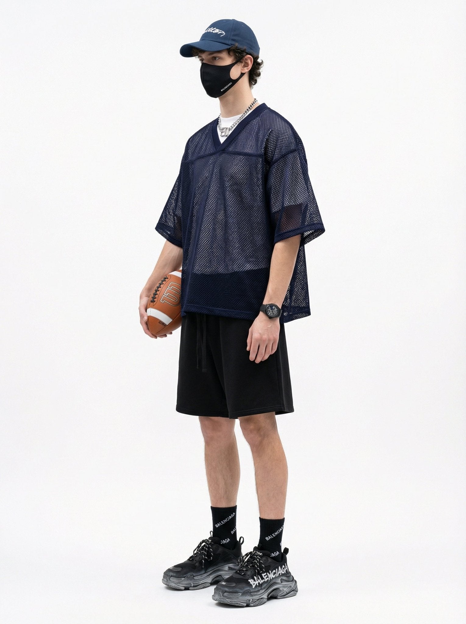 240GSM Men’s Boxy-Fit Mesh Layering V-Neck T-Shirt Royal Blue